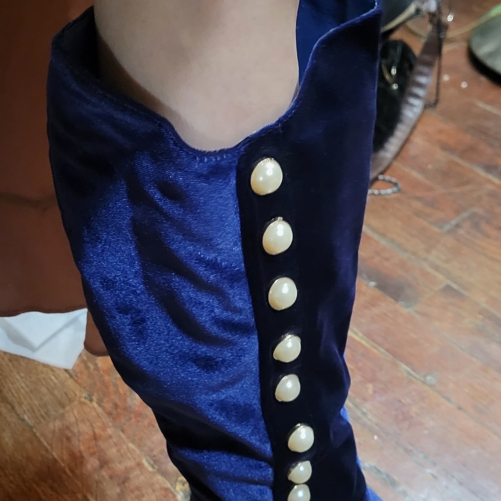 BLUE VELVET OVER KNEE BOOTS - Picture 2 of 9